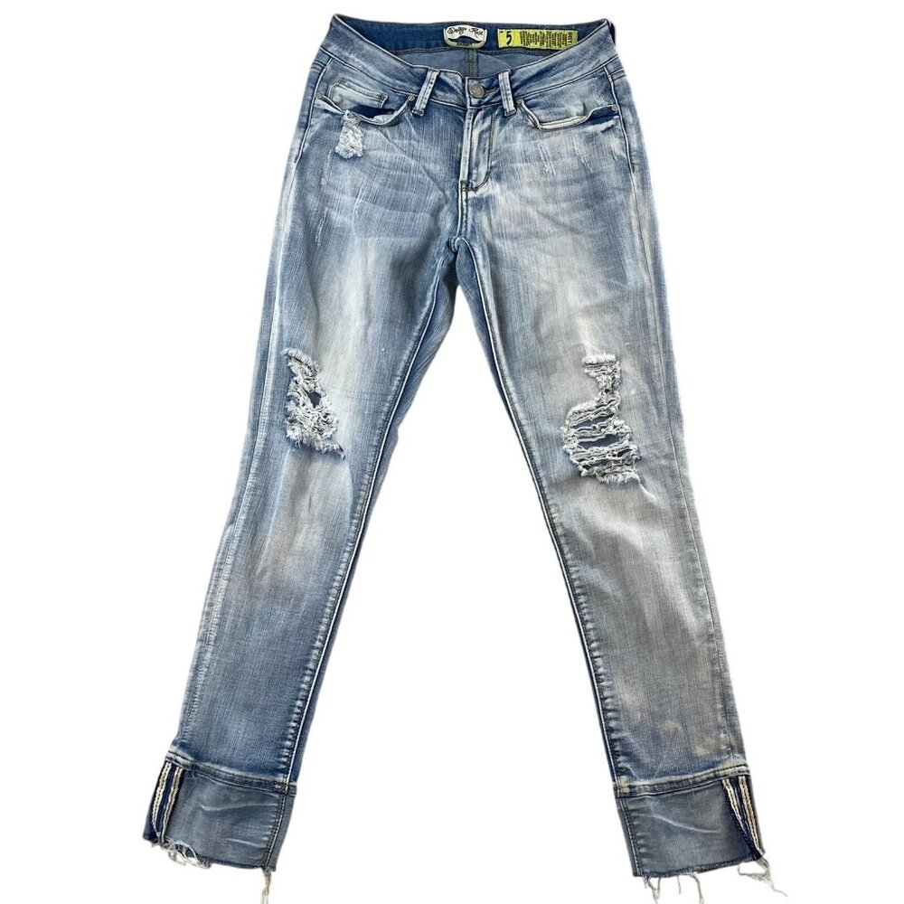 Indigo Rein Jeans Size 5 Light Blue Denim Distressed With Raw Hem and Selvage